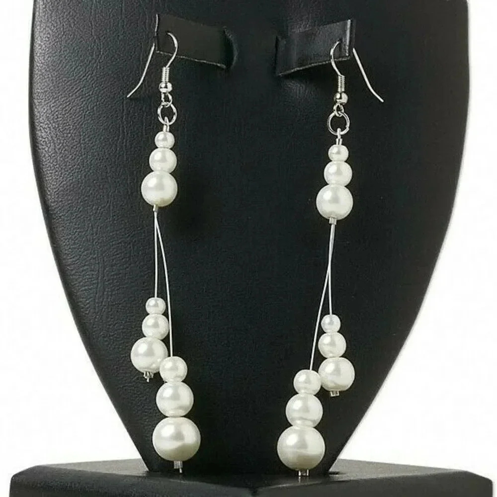 Handmade White Graduated Glass Pearl Triple Dangle 4" Long Dangle Earrings